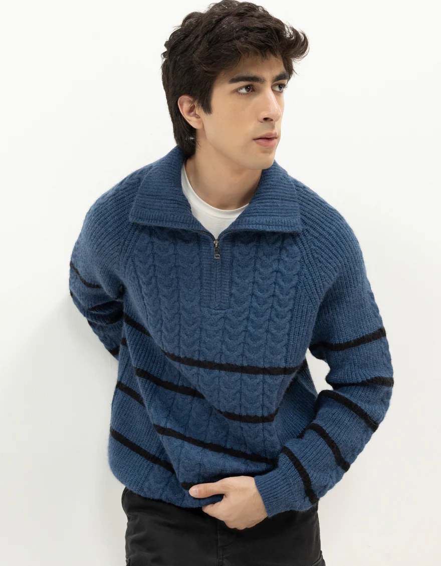 JJ-SWT-0076-FULL SLEEVE HALF ZIP LARGE MOCKNECK SWEATER